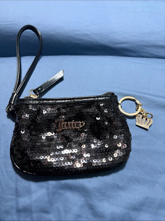Juicy Couture Handbags - Juicy Couture Black Sequin Wristlet Pouch with Logo purse charm.